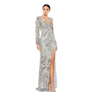Mac Duggal SEQUINED FAUX WRAP SPLIT LONG SLEEVE GOWN Size 4 NWT MSRP $598